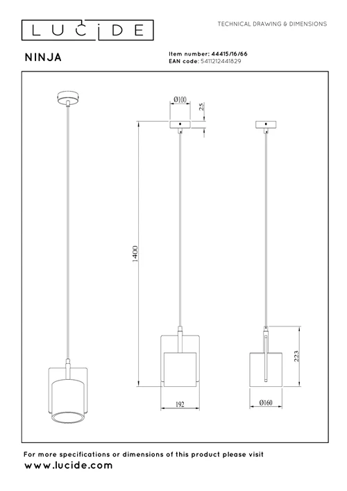 Lucide NINJA - Pendelleuchten - Ø 16 cm - 1xE27 - Rosa - technisch